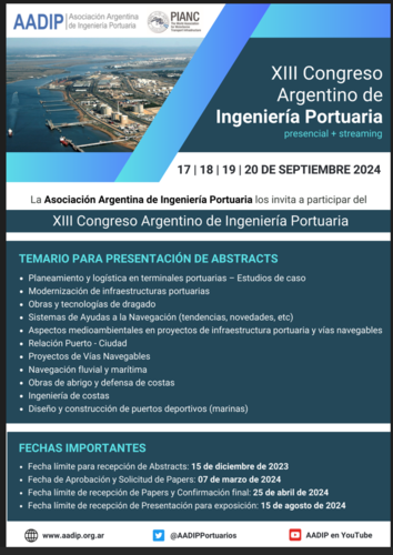  XIII Congreso Argentino de Ingeniería Portuaria, a realizarse del 17 al 20 de septiembre de 2024 en modalidad presencial + online (solo para oyent...
