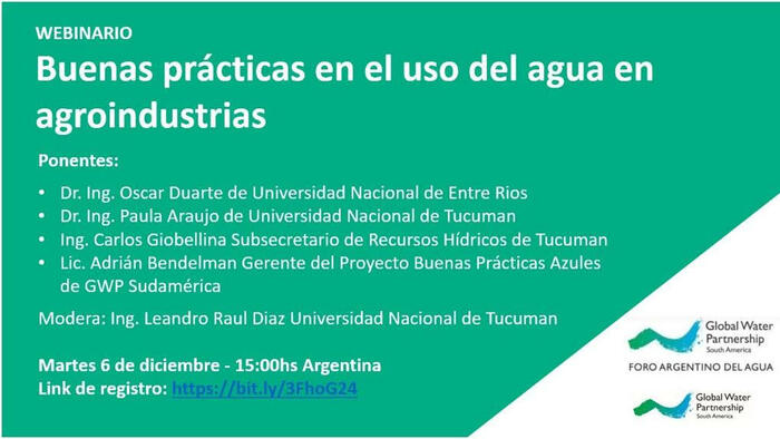 Martes 6 de diciembre - 15 hs. - Webinario Buenas prácticas en el uso del agua en agroindustrias