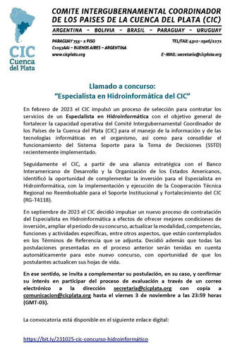 LLAMADO A CONCURSO "ESPECIALISTA EN HIDROINFORMÁTICA DEL CIC"